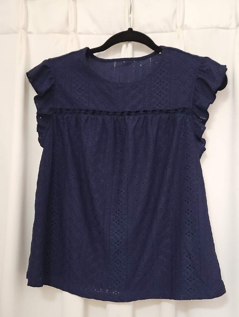 SHEIN Navy Eyelet Ruffle-Sleeve Top